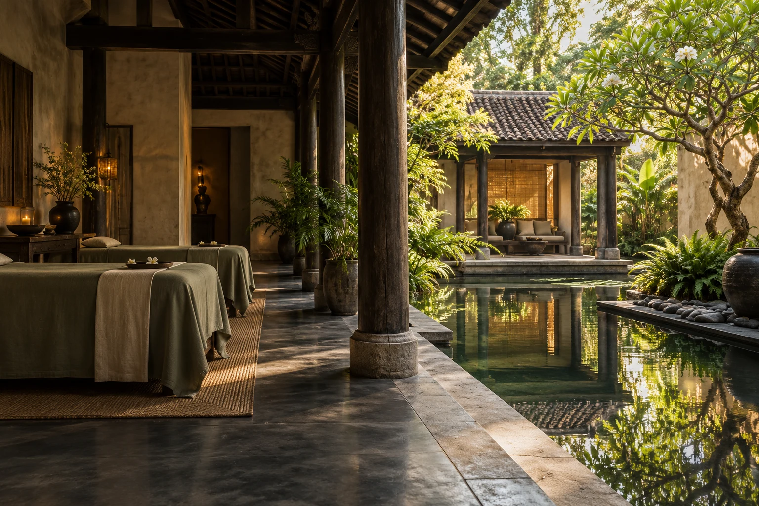 A quiet spa beside a reflecting pool